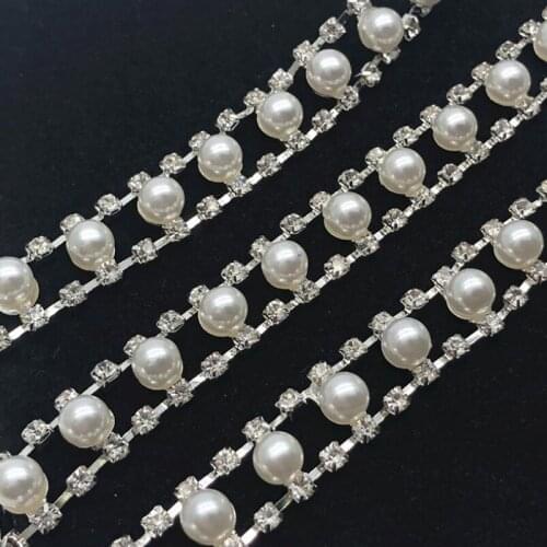 10Yards Diamante Silver Motif Sparkling Crystal Trim Pearls Trimming Sew On For DIY Dresses