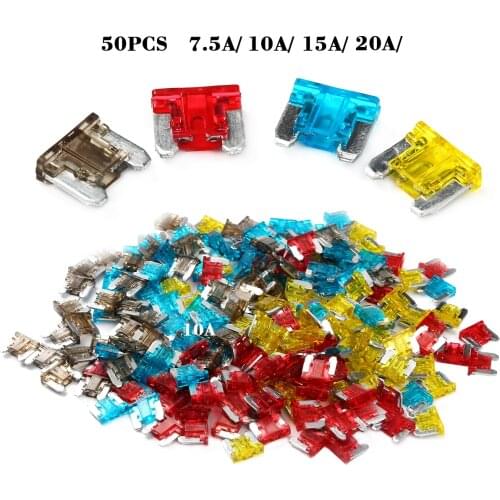 50Pcs Mini Size Car Auto Blade Fuse 7.5A 10A 15A 20A Standard Blade Fuse for Auto Truck Automotive Boat Accessories