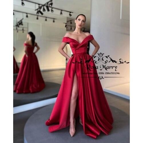 Off Shoulder Satin Long Prom Dresses A Line Plus Size High Split Cheap Women Formal Evening Party Gowns Vestidos De Fiesta
