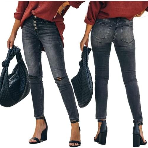 Women Spring Summer Retro Ripped Hole Denim Jeans High Waist Button Stretch Pencil Pants