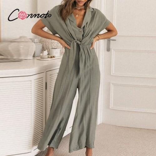Conmoto Casual Summer Women V-neck Wide-leg Jumpsuit 2021 Solid High Waist Short Sleeve Jumpsuit Loose Knotted Office Jumpsuit
