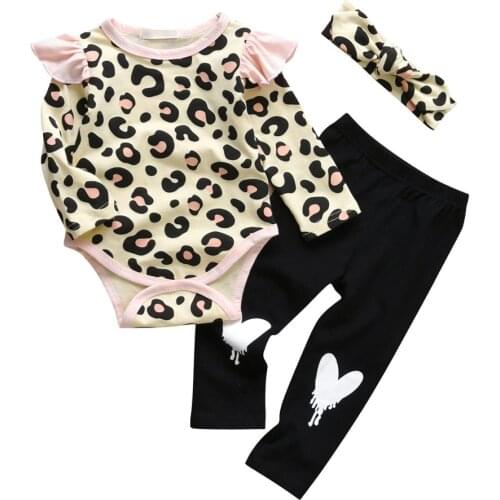 3PCS Newborn Baby Girls Clothes Set Leopard Pattern Tops Bodysuits Long Sleeve Love Pants Headband Toddler Girls Clothing Outfit