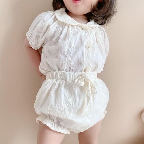 Korean Style Summer Baby Girls Clothing Sets Cotton Short Sleeve Embroidered Shirt+PP Shorts Toddler Girls Clothes Suit