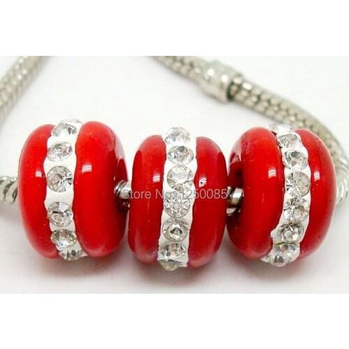 20PCS/lot Red color Beautiful European Rhinestone Lampwork Glass Beads fit Charms Bracelet&Necklace14x9mm