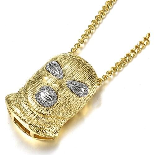Rhinestone Cool Against Anti-terrorism Headgear Pendant Necklace Gold Bling Crystal Mask Mens Hip Hop Fashion Jewelry NA-002