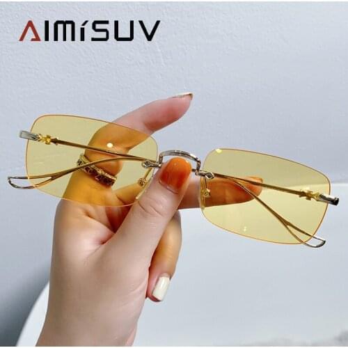 AIMISUV Rectangle Sunglasses For Men Fashion Rimless Sun Glasses Women Small Steampunk Yellow Eyewear Male UV400 zonnebril dames