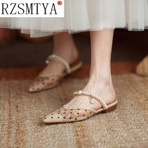 2021 Sexy Mules Slippers Summer Slip on Slides Pointed Toe Lace Mesh Fashion Women Black Polka Dot Shoes