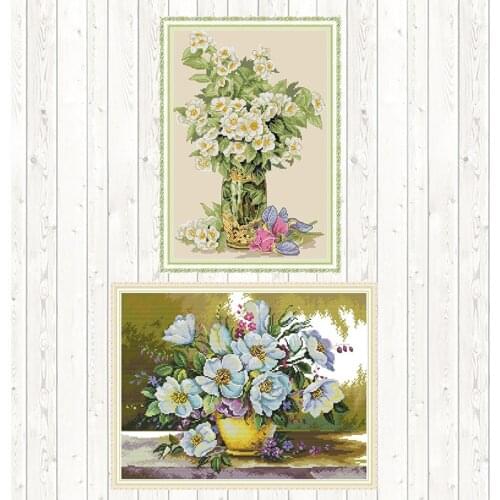 White Flower Cross Stitch Sets DIY Handmade 14ct 11ct Count Print Canvas Needlework Embroidery DMC Cotton Thread Printed Canvas
