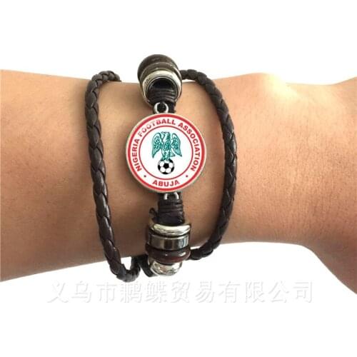 Portugal,Nigeria,Mexico,Morocco National Football Team LOGO Soccer Glass Dome Black/Brown Leather Bracelet Souvenir Gift