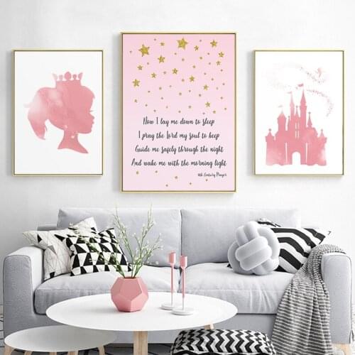 Princess Castle Nordic Canvas Poster and Print Prayer Painting Nursery Wall Art Cartoon Pictures for Baby Girls Bedroom Decor