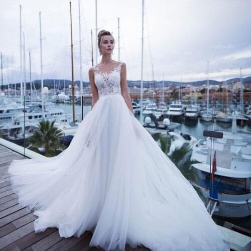 Sheer Applique Lace A-line White Wedding Dress Elegant Tulle Illusion Sexy Bridal Dress Vestido Noiva Sereia