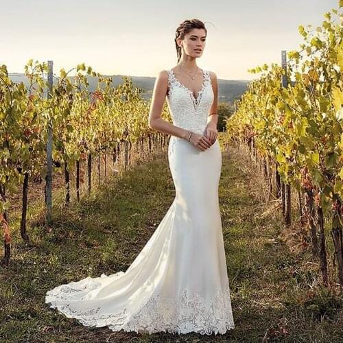 Eightale Boho Wedding Dress Mermaid 2019 Appliques Lace Chiffon Buttons V-Neck Custom Made Bohemian Wedding Gowns Bride Dresses