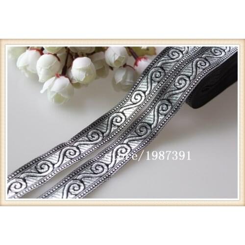 20yards/lots Woven Jacquard Ribbon 2cm black background silver Geometric pattern IS-8669