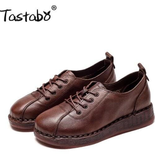 Tastabo Women Shoes Genuine Leather Handmade Casual Brown Black Driving Shoes Lace-up Soft-soled Flats Large Size 35-41