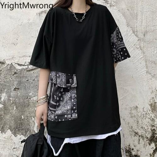 Streetwear Harajuku Hip Hop Punk Dark Black Patchwork Bandana Pocket Techwear T-Shirt Woman Man TShirt Fashion Graphic Plus Size