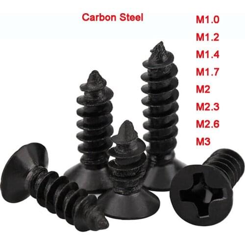 100Pcs Black KA Phillips Head Micro Flat Head Self-tapping Screws Electronic Small Wood Screws M1.0M1.2M1.4M1.7M2M2.3M2.6M3