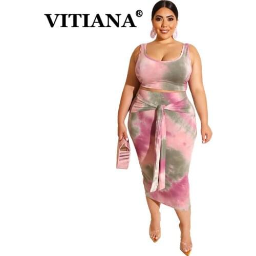 VITIANA Women Plus Size Two Pieces Sets Summer 2019 Female Short Vest Lace Up Skirt Elasticity Printing Casual Beach 2 Piece Set