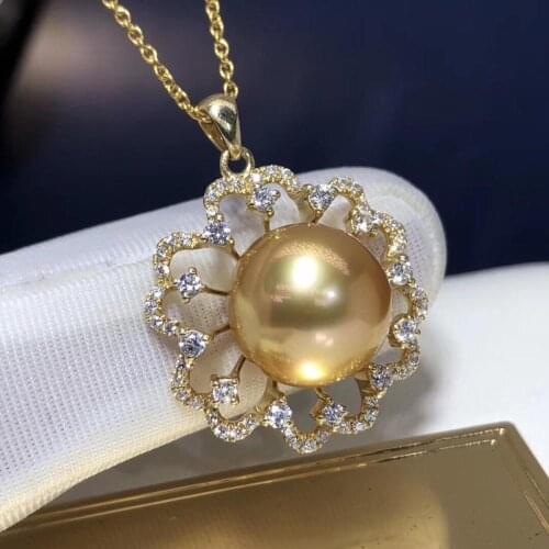 Fine Jewelry 18K Yellow Gold Natural Ocean Golden Pearl 13-12mm Pendant Necklaces for Women FIne Pearls Pendants