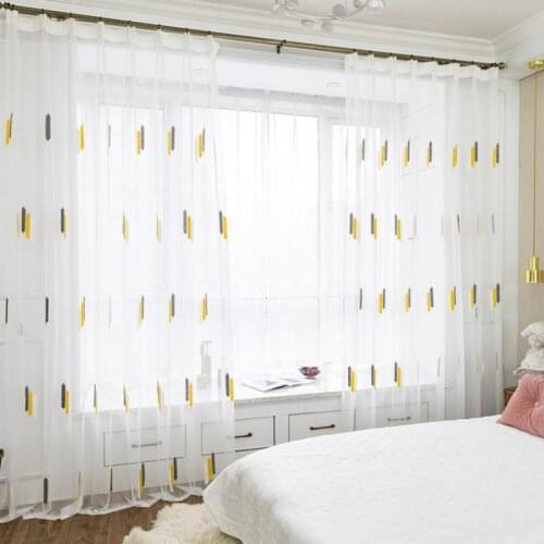 Yellow and Gray Linen Embroidery Window Sheer Curtains for Bedroom Living Room White Sheer Voile Bay Window Balcony Screens Door