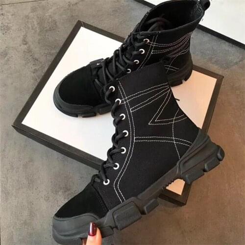 2020 Women Boots Ankle Black Platform Lace Up Canvas Round Toe Fashion Ladies Shoes Motorcycle Zapatos De Mujer Winter
