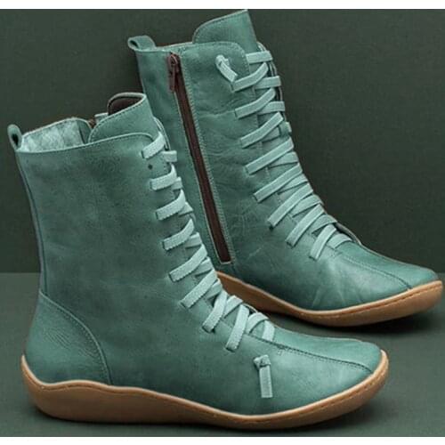 Women Autumn Casual Zip Bandage Mid-Calf Boots Comfortable Soft PU Leather Boots Ridding Flat Shoe Martin Boots Sports Shoes