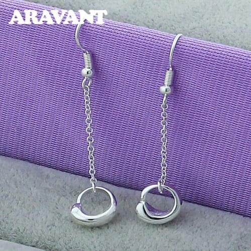 925 Silver Round Circle Long Chain Drop Earrings For Women Fashion Jewelry