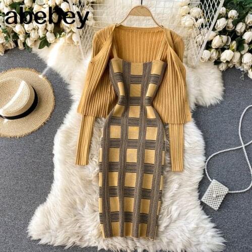 Women knit two piece set plaid print spaghetti strap bodycon mini dress and long sleeve knit cardigan suits womens clothing sets