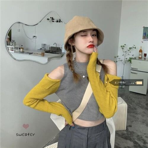 Off-the-shoulder long-sleeved short half-high neck Knitted sweater women 2021spring Korean slim slimming bottomi thin sweater