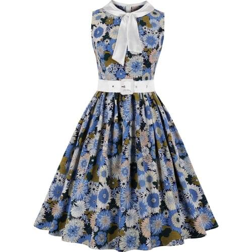 2021 Sleeveless Retro Vintage Casual Women Dress With Bow Neck Belt Plus Size Bohemian Beach Office OL Party Rockabilly Sundress
