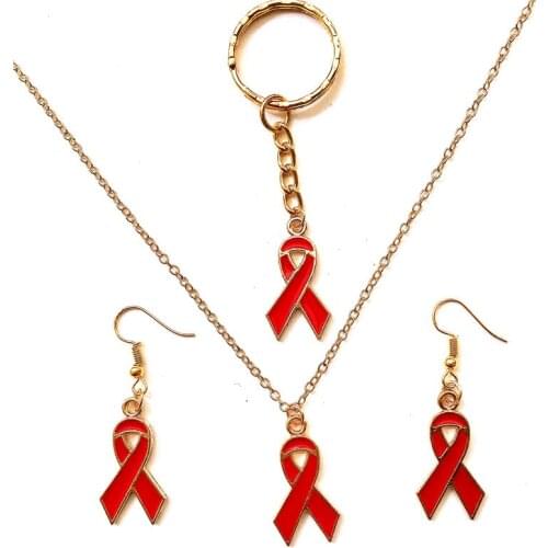 Enamel color breast cancer awareness jewelry set ribbon hope costume jewellery set necklace earrings keychain women fashion