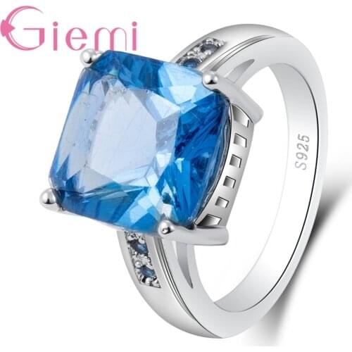 Wholesale AAA Big Square Bule Crystal 925 Sterling Silver Geometric Ring For Women Female Party Jewelry