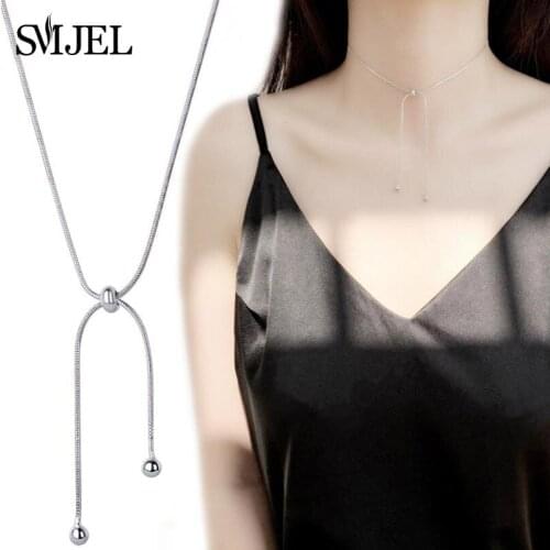 SMJEL Silver Color Necklace Link Chain Lobster Clasp Collares Necklaces for Women Simple Bead Choker Necklace Jewelrys