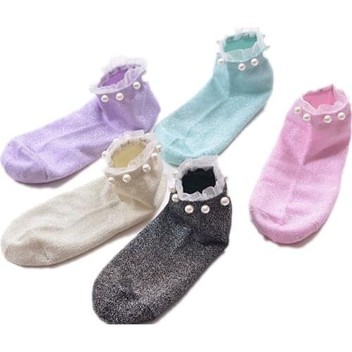 10 pieces = 5 pairs Spring and summer retro silver hand pearl silver pearl piled heap socks luxury simple tide women socks