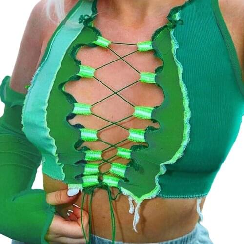 2020 Fashion Womens Cropped T-Shirt Lace-up Top Hollow Mesh Elastic Casual Party Pure Color Summer Short Clothes женское платье