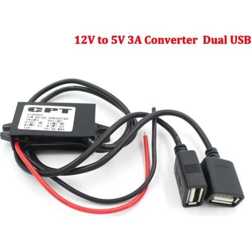 12V to 5V 3A Converter Car Charger 15W Regulator Power Supply Module Step Down Voltage Power Reducer Transformer Dual USB Ear