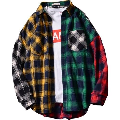 Color Block Patchwork Turn-down Collar Mens Shirt Flannel Plaid Hip Hop Shirts Men High Street plaid long sleeve shirt