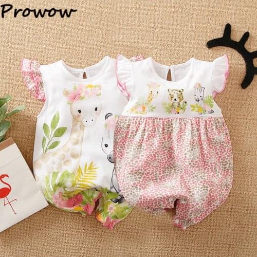 Prowow Newborn Baby Girl Clothes Cartoon Baby 's Rompers Summer Griaffe Printed Baby Girl Overalls Ruffles Jumpsuit For Kids