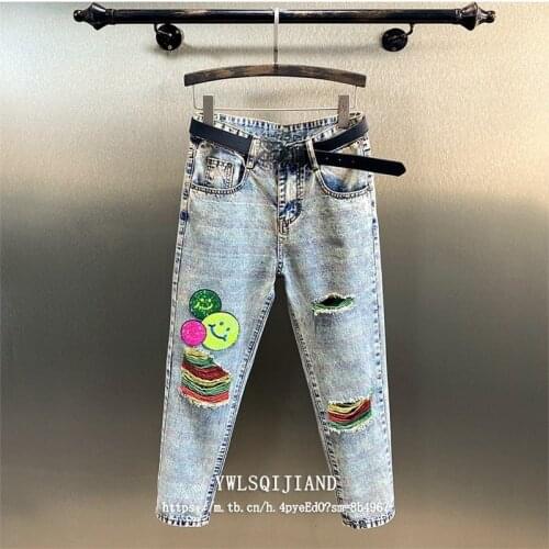 European Station Jeans 2021 New Diamond-encrusted Smiley Face Western Style Thin Hole Straight Thin Nine-point Pants Trend