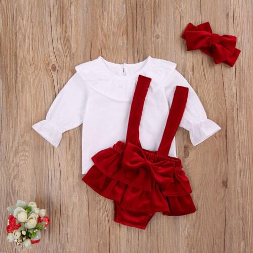 Emmababy 3pcs Newborn Baby Kids Girls Set Children Long Sleeve Lace Neck Top Bow Suspenders Short Pants Hairband Outfits 0-24m