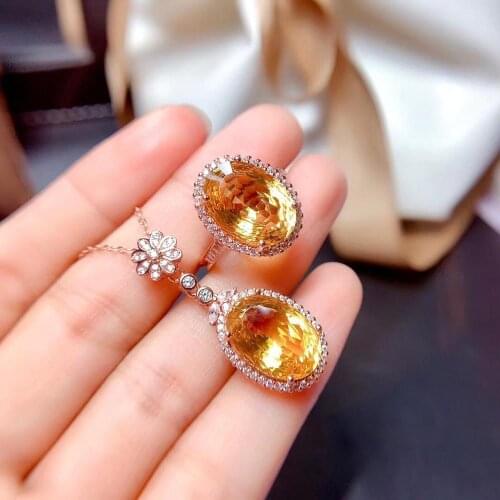100% Natural Real Citrine Jewelry set Natural And Real Citrine Set 925 sterling silver Fine jewelry 1pc ring,1pc Pendant
