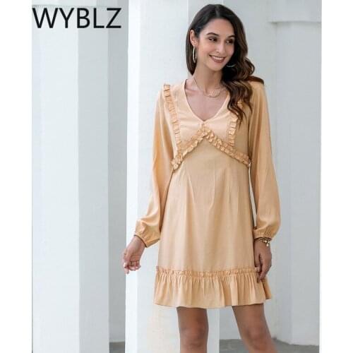 WYBLZ Cute Summer Kawaii A-line Mini Ruffle Dress Boho Women Loose Long Sleeve V-neck Sundress Holiday Vestidos