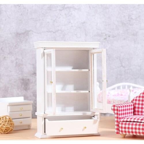 1:12 Dollhouse Miniature White Wooden Double Door Glass Display Cupboard Cabinet Showcase With Drawer Dollhouse Decor