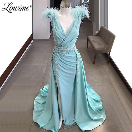 Formal Feather Sky Blue Side Split Evening Dress Two Pieces Prom Dresses 2020 Abendkleider Dubai Applique Party Gowns Vestidos