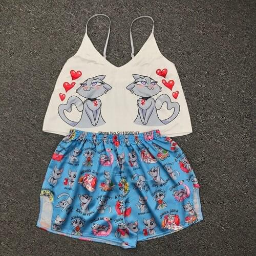 Cartoon Cat Print Pajama Sets Pattern Women Pajamas Strap Sleeveless Sexy Sleepwear Set Female Summer Night Wear Home Suit