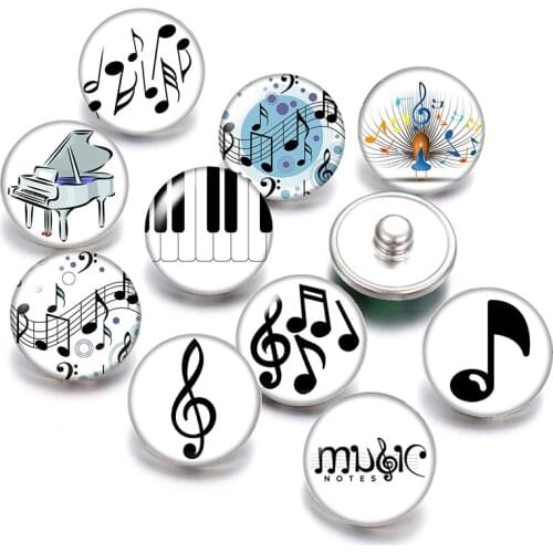 Music notes Musical instrument 18mm snap buttons 10pcs mixed round photo glass cabochon style for snap button jewelry
