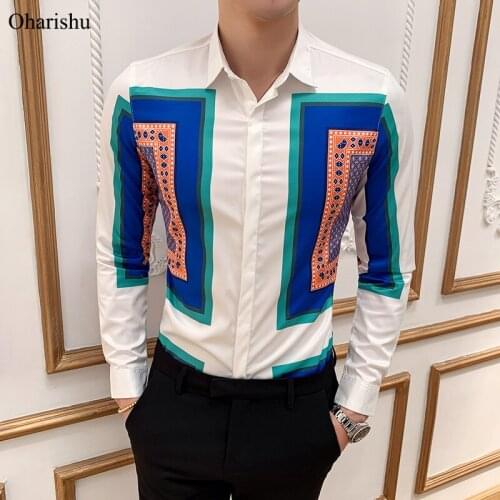 New Fashion Geometric Print Mens Shirt New Design Color Block Long Sleeve Shirts Men Casual Party Night Club Streetwears Homme