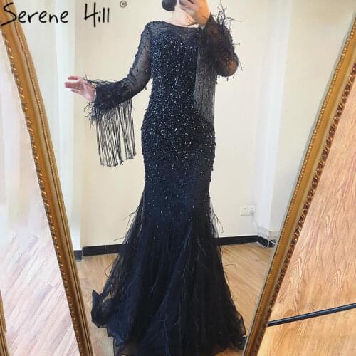 Silver Tassel Long Sleeve Dubai Design Evening Dresses O-Neck Feathers Crystal Luxury Evening Gowns 2020 Serene Hill BLA60912