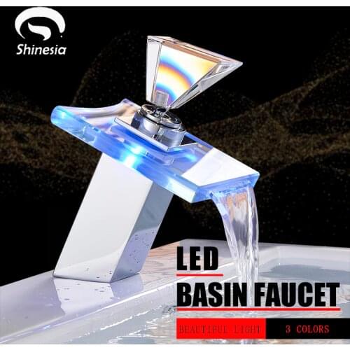Shinesia LED Glass Chrome Waterfall Bathroom Basin Faucet for Vessel Sink Deck Mounted Hot and Cold Water Mixer Tap