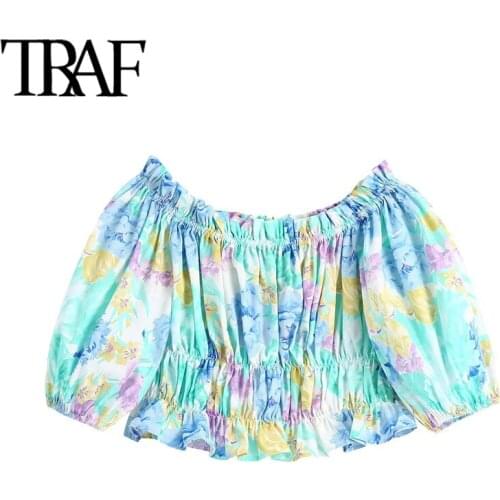 TRAF Women Fashion Floral Print Ruffled Cropped Blouses Vintage Puff Sleeve Elastic Hem Female Shirts Blusas Chic Tops