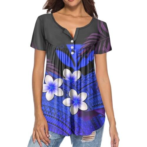HYCOOL Navy Blue Polynesian Plumeria Fashion Lady Blouse WomenS Plus Size Short Sleeve Plus Size Tops V Neck Tunic Flowy Shirts